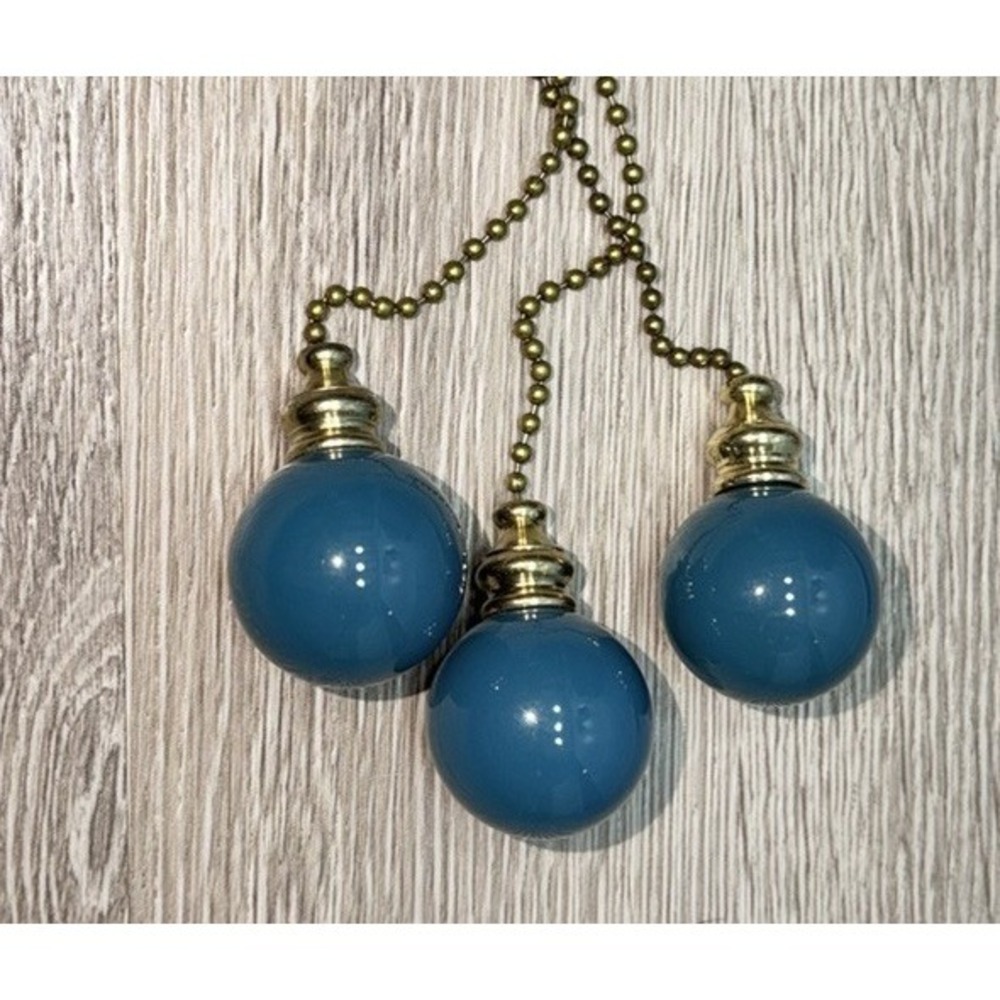 Antique Vintage Round Teal Ball Porcelain Lamp Pull & Chains Set Of 3